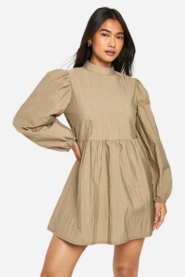 Nylon Puff Sleeve Smock Dress taupe