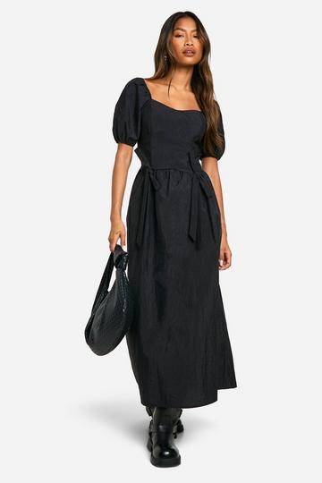 Nylon Puff Sleeve Midi Dress black