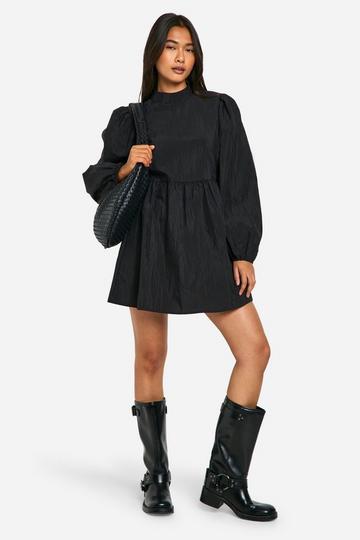 Nylon Puff Sleeve Smock Dress black