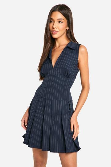 Pinstripe Pleated Mini Dress navy