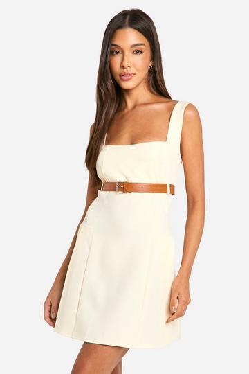 Belted Square Neck Mini Dress ecru