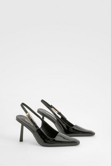 Black Square Stiletto Buckle Slingback Court Shoes