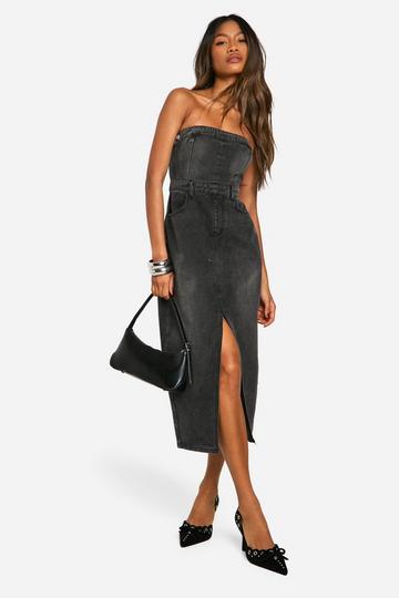 Denim Bandeau Split Front Midi Dress washed black