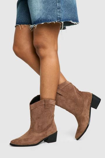 Brown Wide Fit Vintage Look Stitch Detail Ankle Western Boots