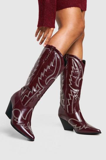 Calf Detail Embroidered Western Cowboy Boots cherry