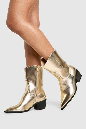 Wide Fit Metallic Western Ankle Cowboy Boots gold