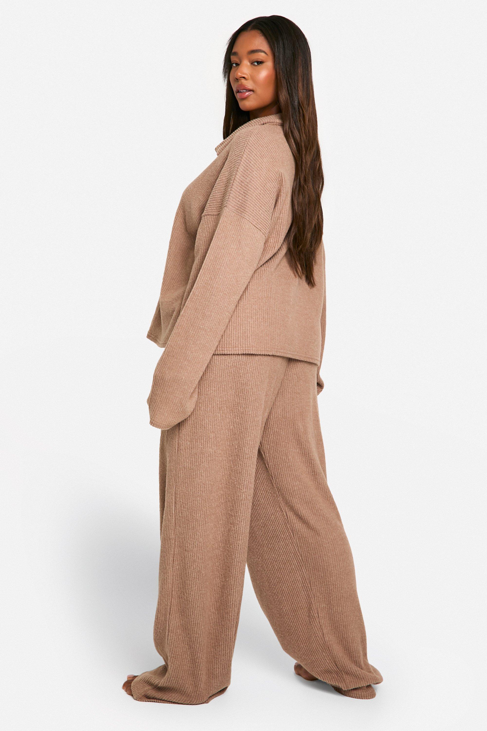 Plus Soft Rib Collared Top Trouser Lounge Set boohoo