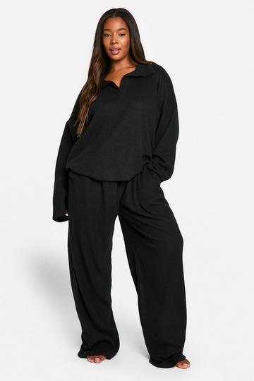 Plus Soft Rib Collared Top & Trouser Lounge Set black