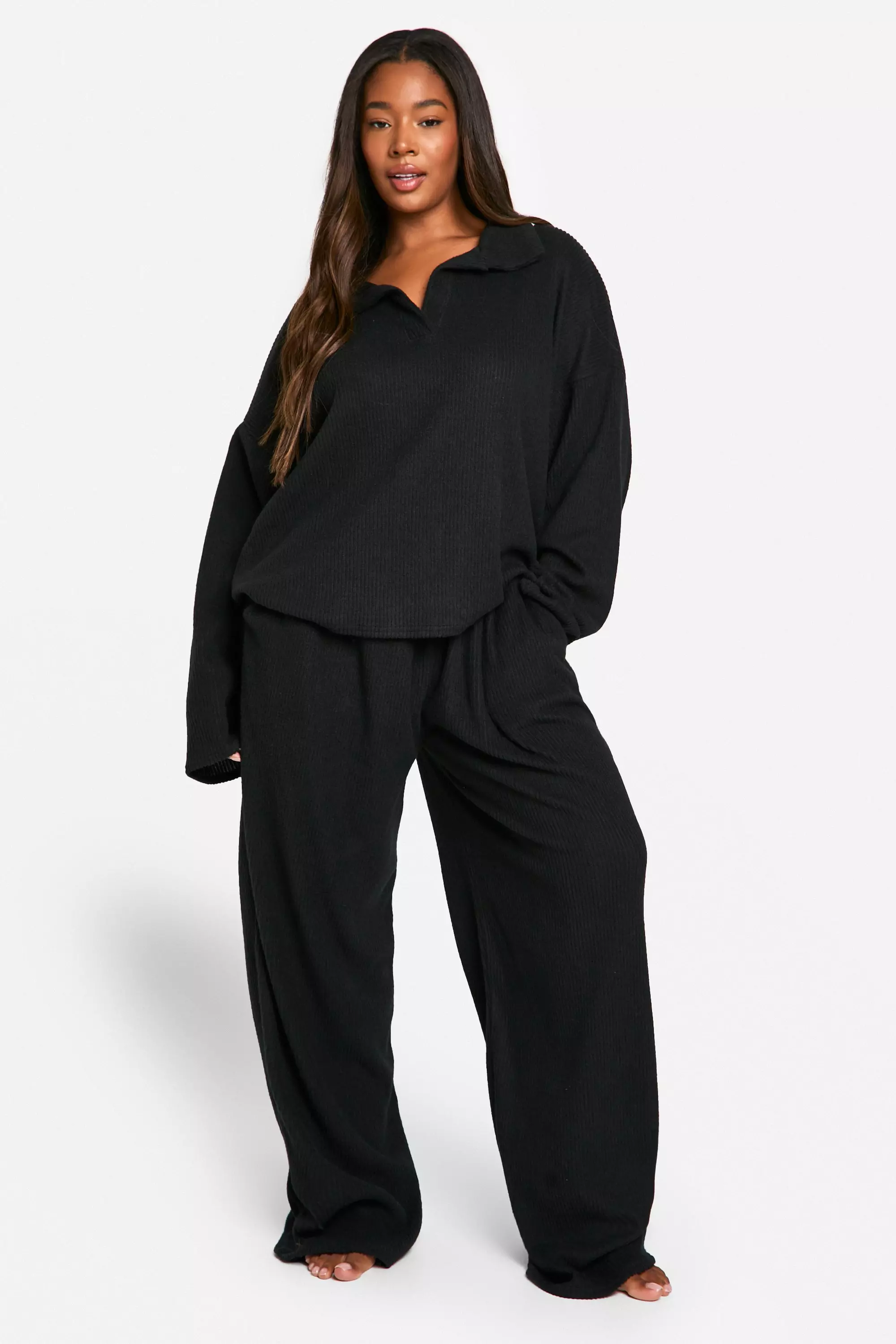 Black Plus Soft Rib Collared Top & Trouser Lounge Set صورة بديلة