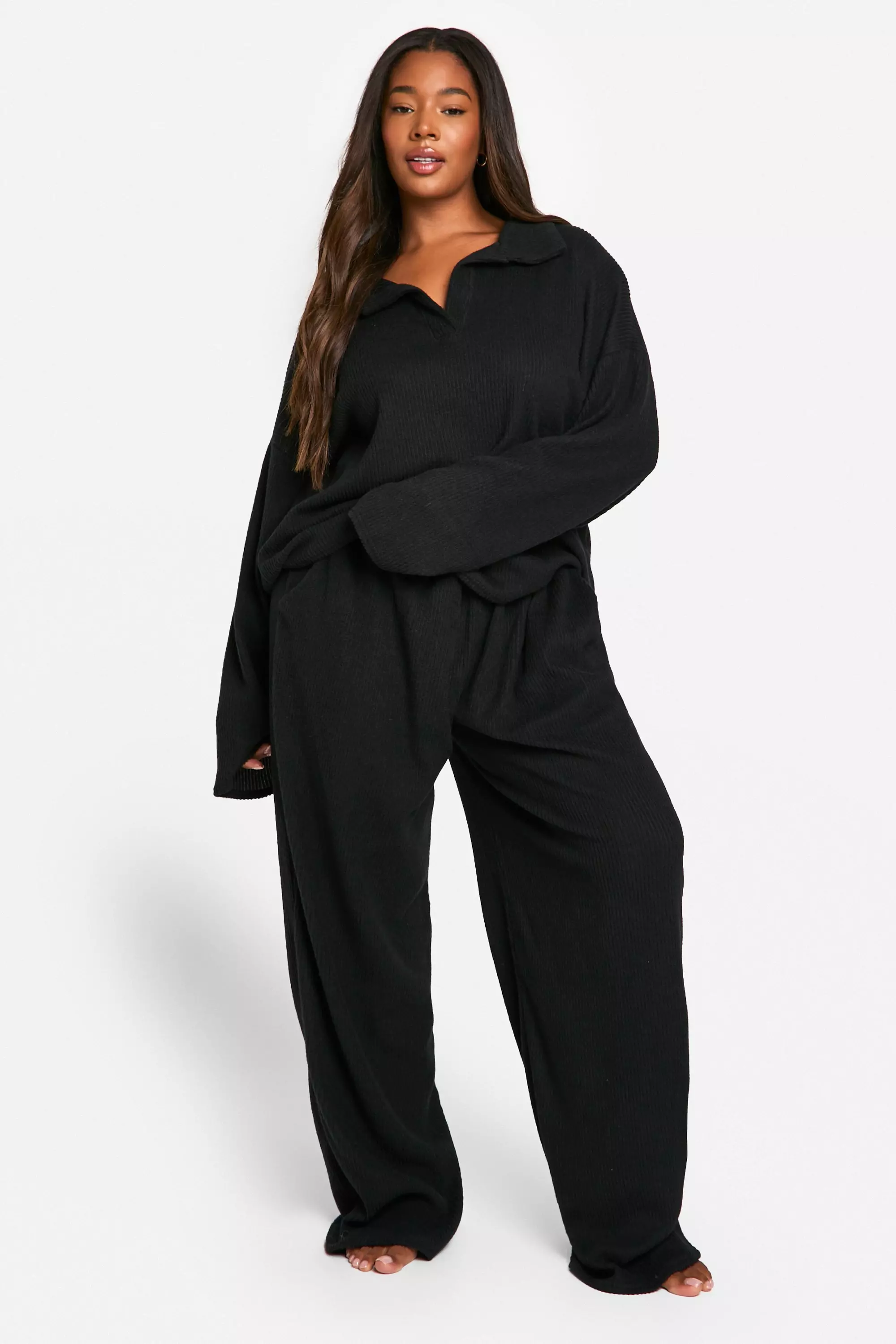 Black Plus Soft Rib Collared Top & Trouser Lounge Set صورة بديلة