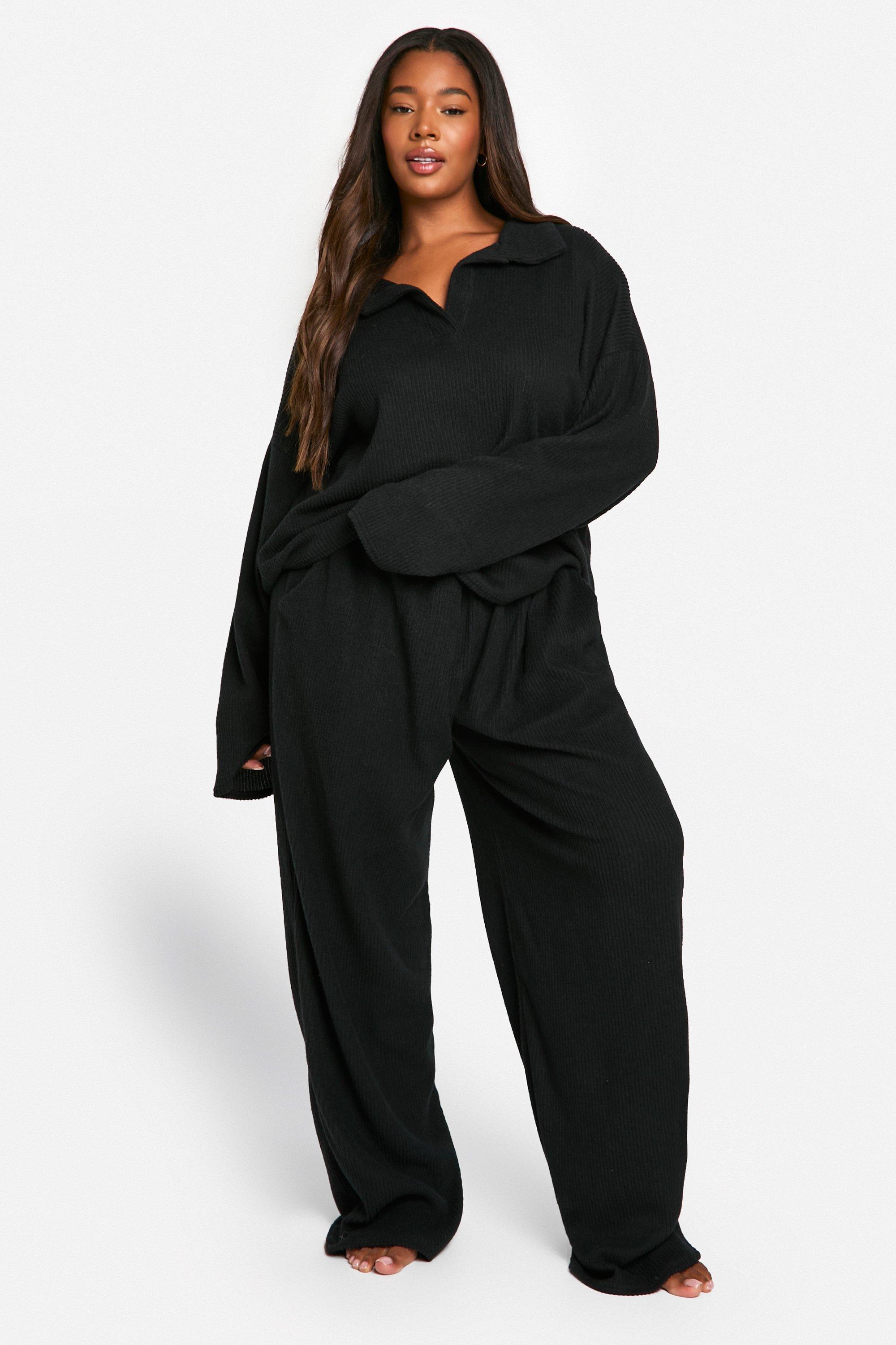 Plus Soft Rib Collared Top Trouser Lounge Set boohoo