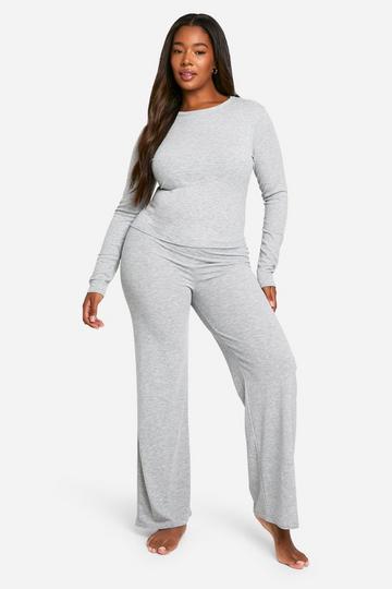 Plus Soft Rib Neck Long Sleeve Top & Trouser Co Ord grey marl