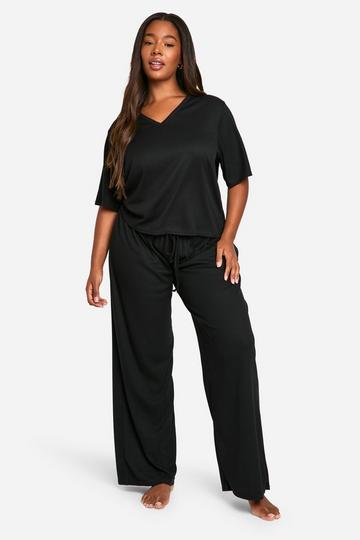 Plus Soft Rib V Neck Top & Trouser Lounge Set black