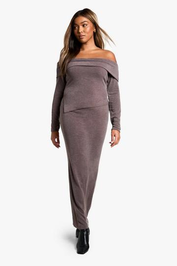 Plus Geribbelde Off Shoulder Two Tone Top En Maxi Rok Set chocolate