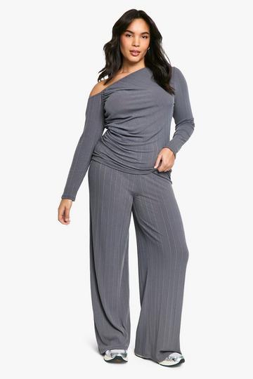 Plus Geribbelde Geplooide Asymmetrische Top En Broek Set grey