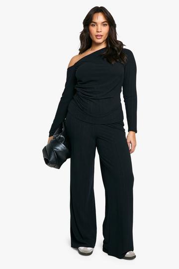 Plus Rib Ruched Asymmetric Top & Trouser Co Ord black