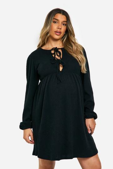 Maternity Soft Rib Tie Front Smock Dress black