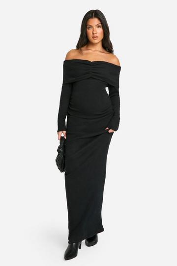 Black Maternity Soft Rib Off Shoulder Column Maxi Dress