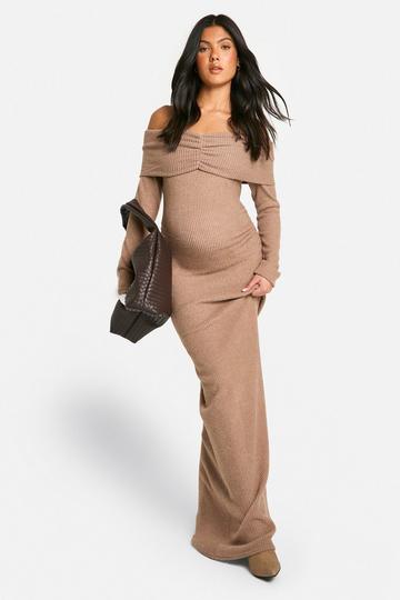 Zwangerschap Zachte Geribbelde Off Shoulder Maxi Jurk camel