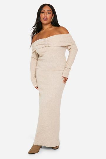 Plus Soft Rib Off Shoulder Column Maxi Dress stone