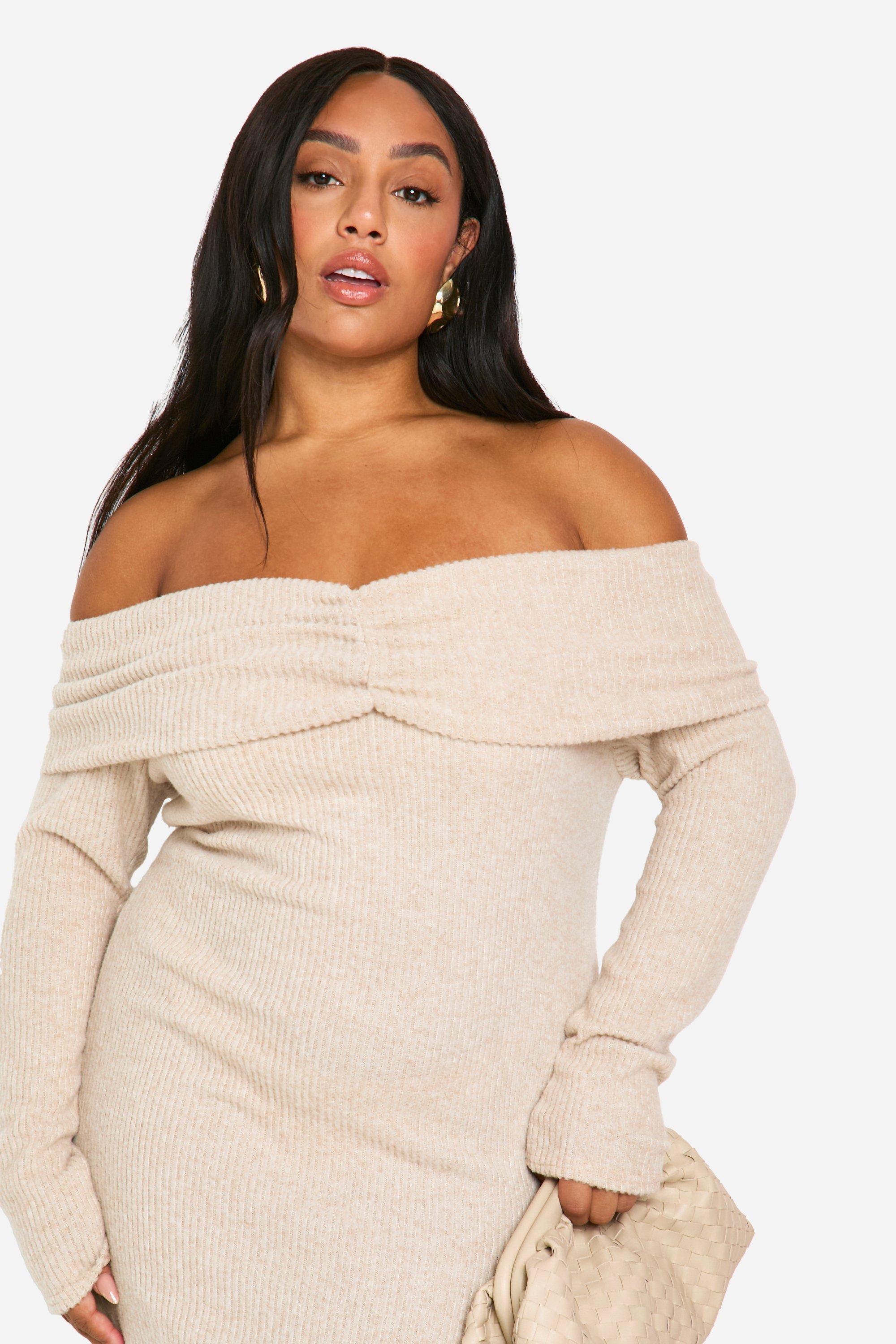 Plus Zachte Geribbelde Off Shoulder Maxi Jurk boohoo