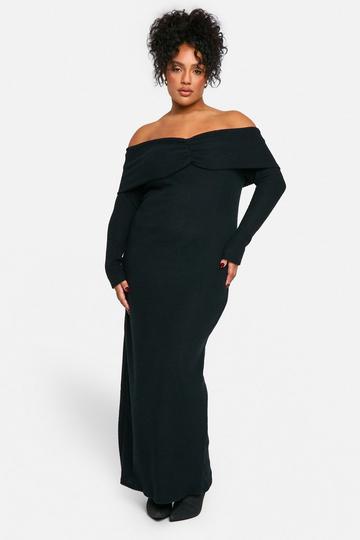 Black Plus Soft Rib Off Shoulder Column Maxi Dress