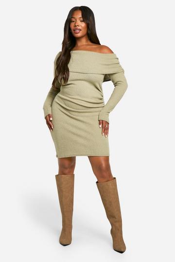 Plus Soft Rib Asymmetric Ruched Bodycon Dress light khaki