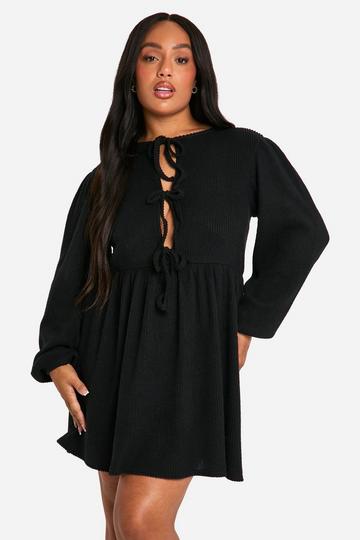 Plus Soft Rib Tie Front Smock Dress black