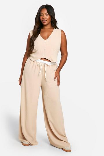 Plus Gilet En Contrasterende Wide Leg Broek Set stone