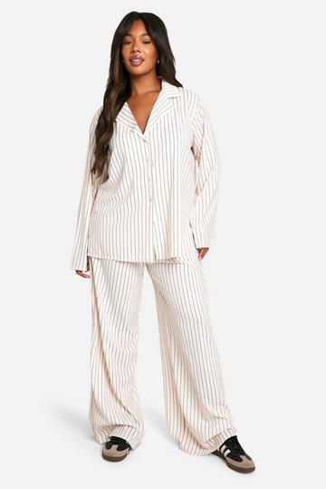 Ecru White Plus Woven Stripe Oversized Shirt & Drawstring Pants Two-Piece