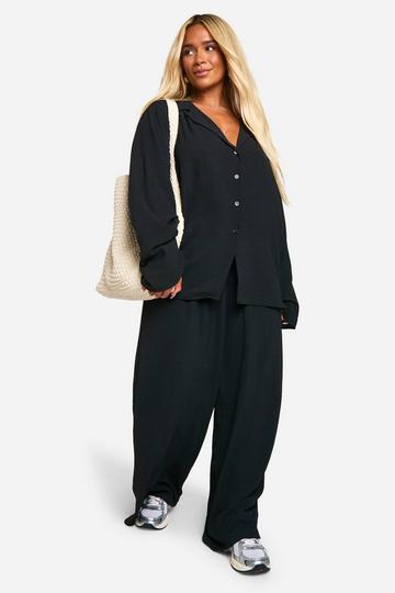 Plus Woven Oversized Shirt & Drawstring Pants Two-Piece black