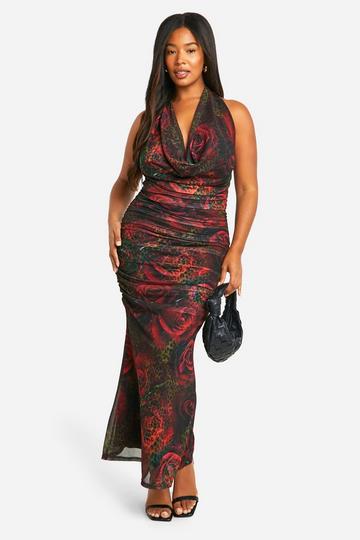 Plus Animal Floral Printed Halterneck Ruched Maxi Dress leopard