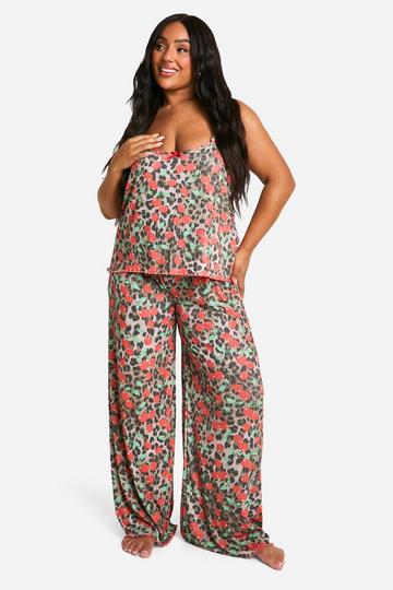 Multi Plus Leopard Cherry Print Cami & Pants Pj Set