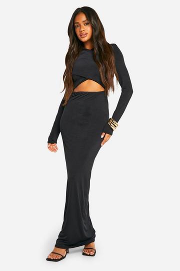 shoulder pad cross over cut out slinky maxi dress black