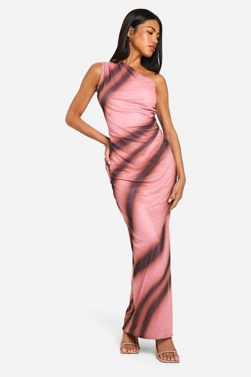 Pink One Shoulder Abstract Printed Mesh Maxi Dress