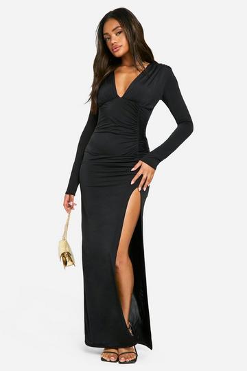 Shoulder Pad Plunge Slinky Split Leg Maxi Dress black