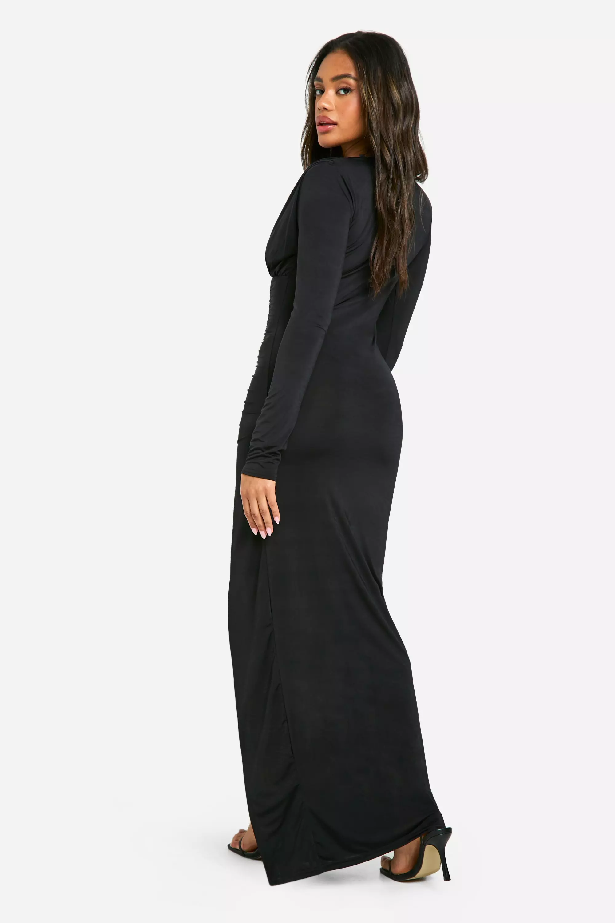 Black Shoulder Pad Plunge Slinky Split Leg Maxi Dress alternative image