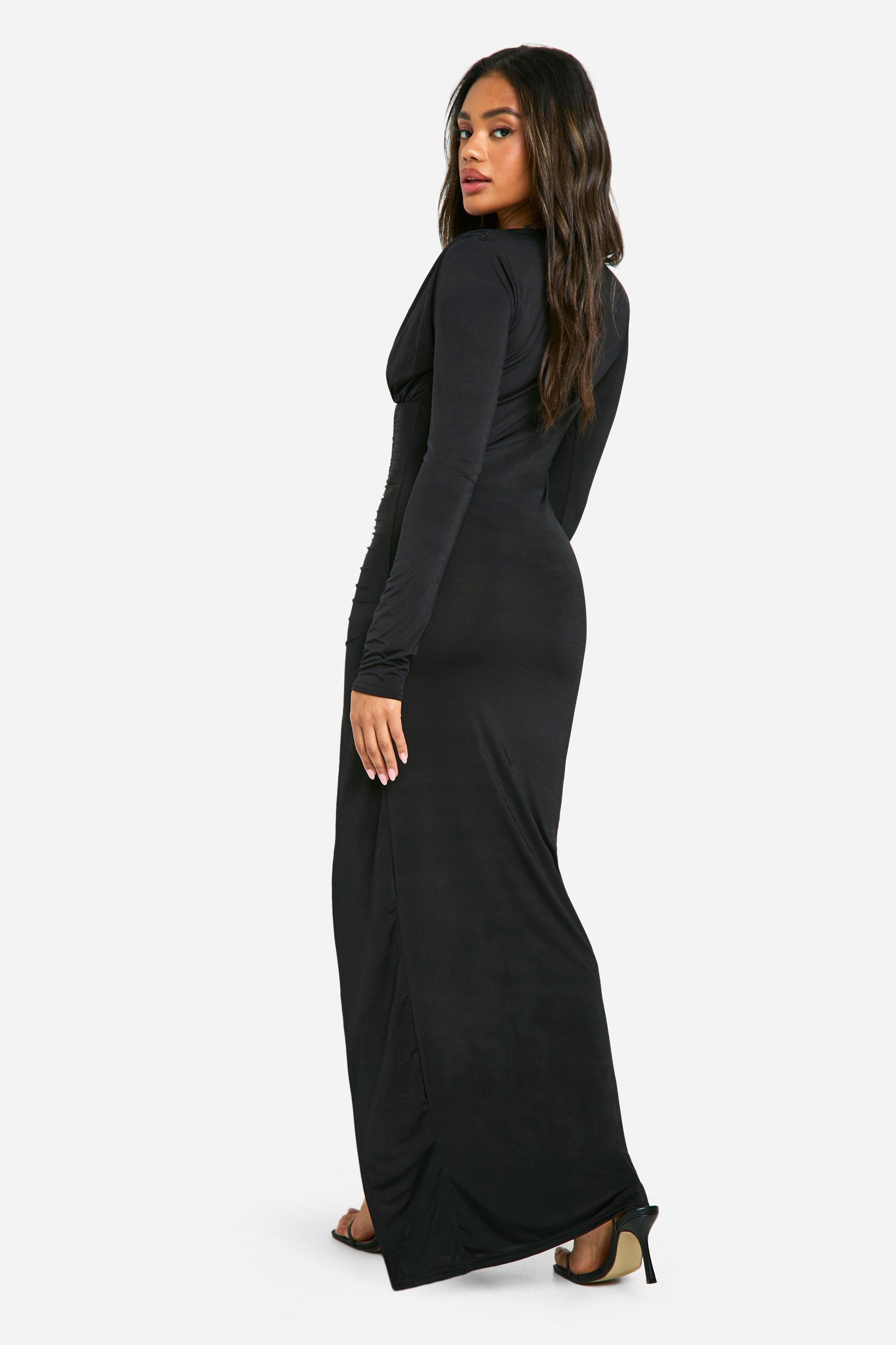 Shoulder Pad Plunge Slinky Split Leg Maxi Dress