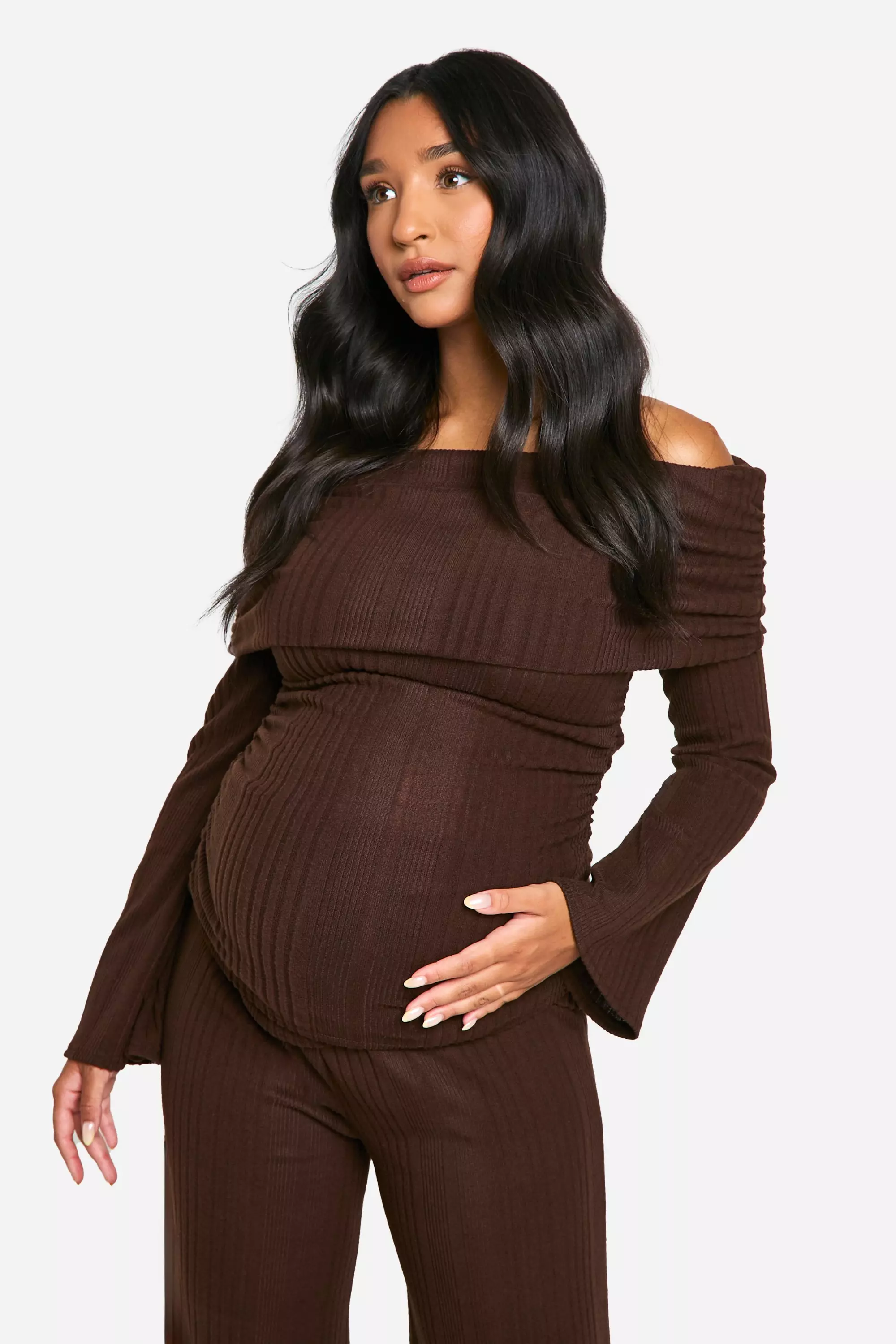Chocolate Emily Shak Maternity Soft Rib Fold Over Bardot Ruched Side Top alternative image