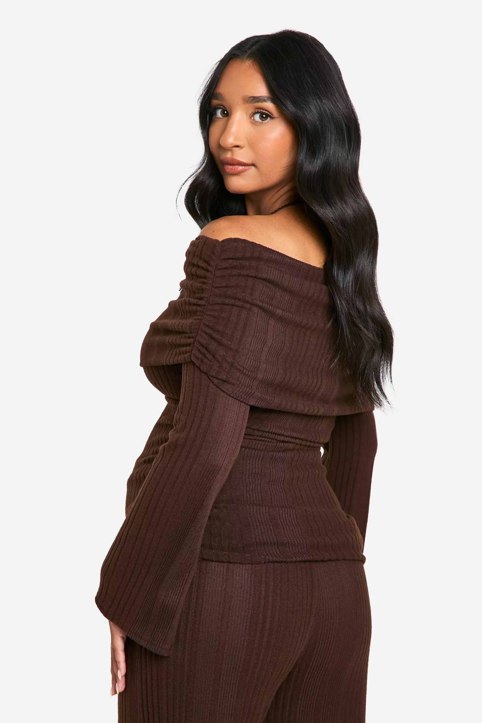 Chocolate Emily Shak Maternity Soft Rib Fold Over Bardot Ruched Side Top alternative image