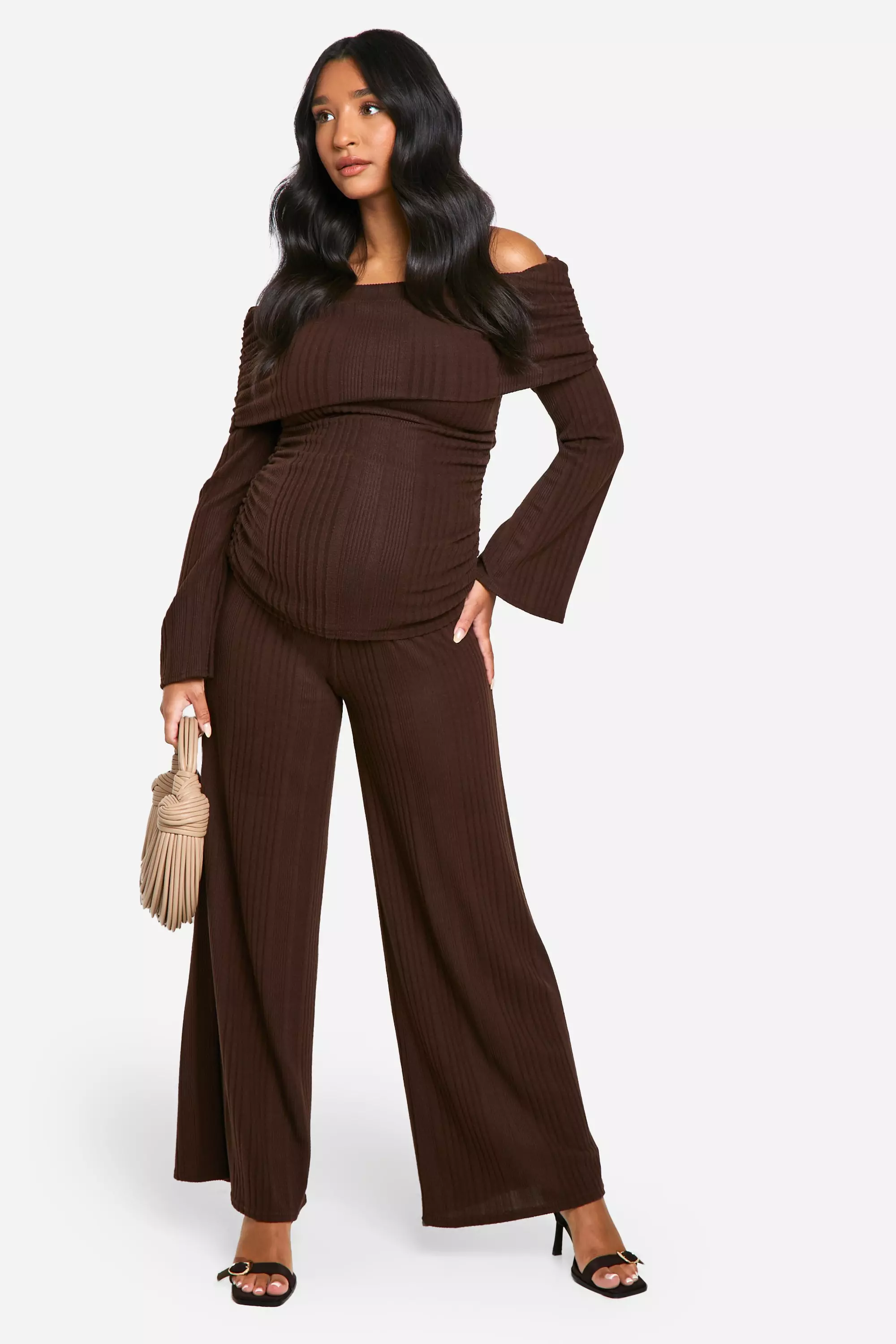 Chocolate Emily Shak Maternity Soft Rib Fold Over Bardot Ruched Side Top alternative image