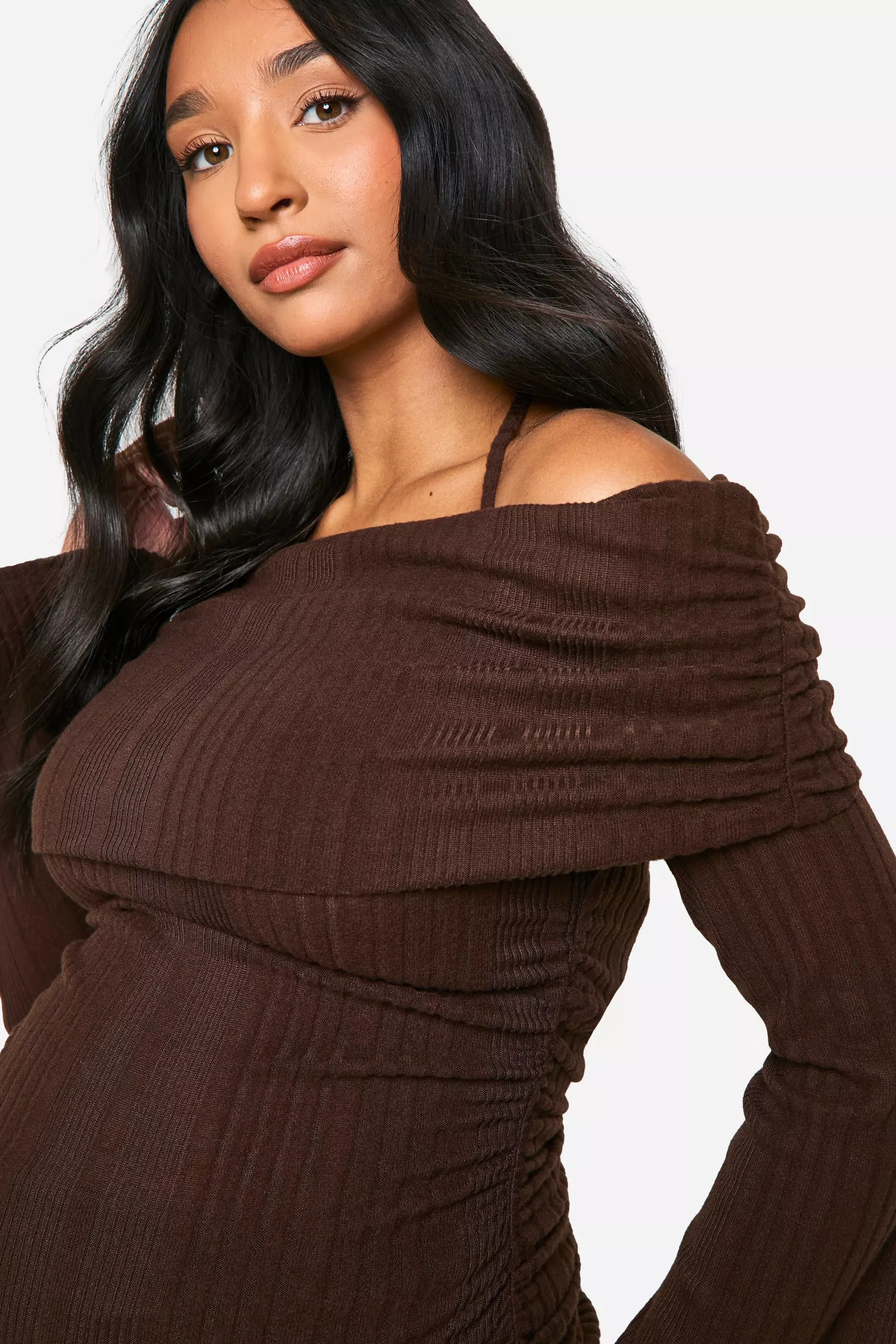 Chocolate Emily Shak Maternity Soft Rib Fold Over Bardot Ruched Side Top alternative image