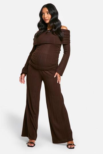 Emily Shak Maternity Soft Rib Fold Over Ruched Waist Wide Leg Trouser chocolate