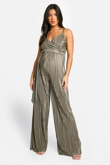 Maternity Plisse Strappy Tie Front Wide Leg Jumpsuit khaki