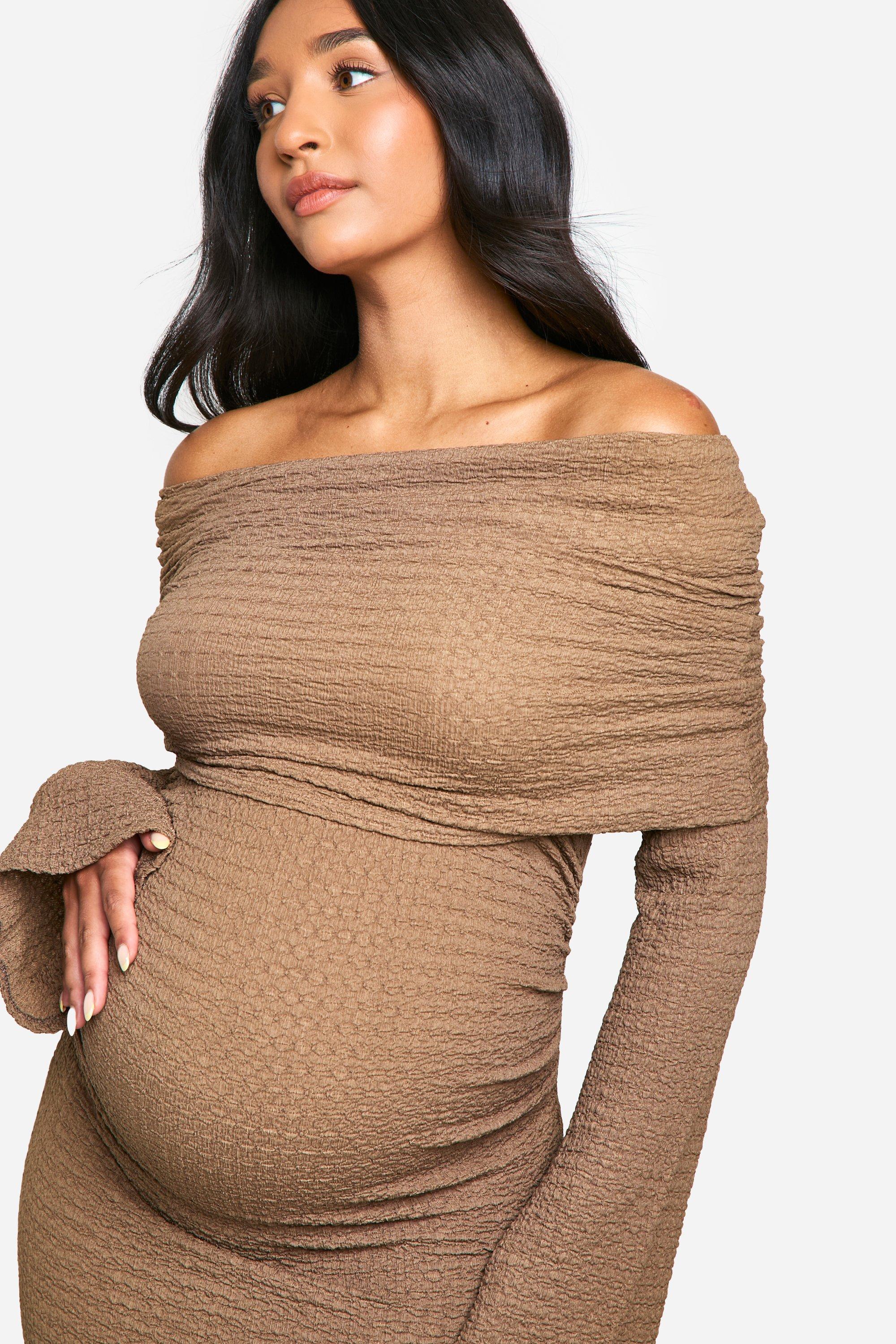 Emily Shak Maternity Textured Deep Bardot Long Sleeve Midaxi Dress boohoo UK