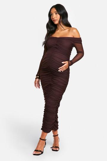 Emily Shak Maternity Slinky Off The Shoulder Long Sleeve Ruched Midi Dress chocolate