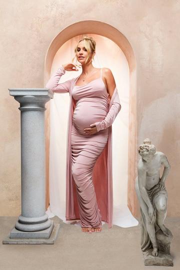 Emily Shak Maternity Strappy Cowl Neck Dress And Duster Coat pink