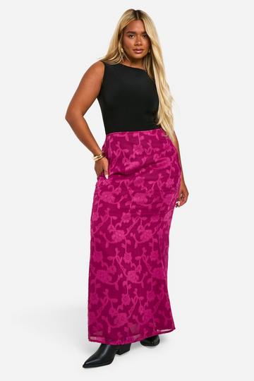 Plus Burnout Bloemen Maxi Rok plum