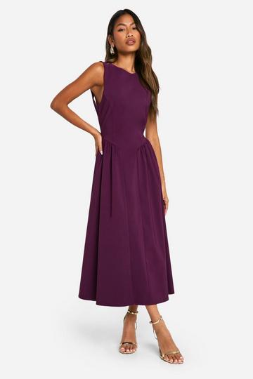 Plum Purple Bengaline Open Back Midi Skater Dress