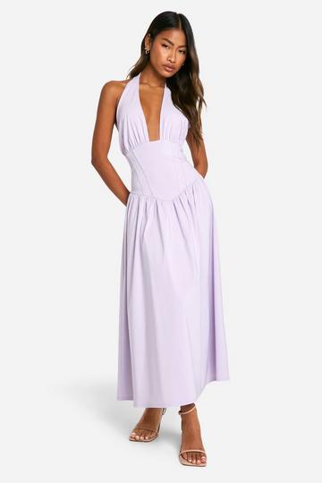 bengaline plunge corset midaxi skater dress lilac